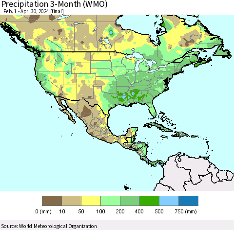 North America Precipitation 3-Month (WMO) Thematic Map For 2/1/2024 - 4/30/2024