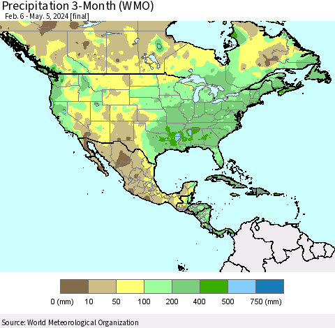 North America Precipitation 3-Month (WMO) Thematic Map For 2/6/2024 - 5/5/2024