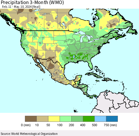 North America Precipitation 3-Month (WMO) Thematic Map For 2/11/2024 - 5/10/2024