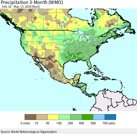 North America Precipitation 3-Month (WMO) Thematic Map For 2/16/2024 - 5/15/2024