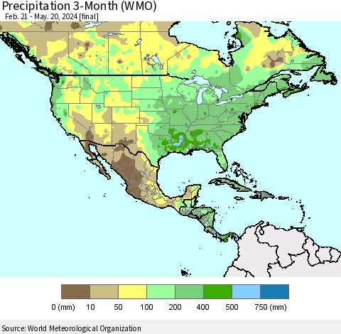 North America Precipitation 3-Month (WMO) Thematic Map For 2/21/2024 - 5/20/2024