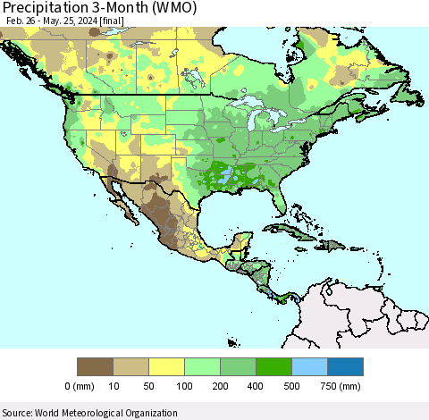 North America Precipitation 3-Month (WMO) Thematic Map For 2/26/2024 - 5/25/2024
