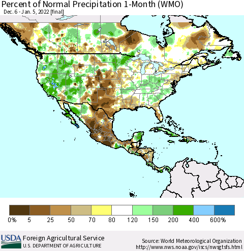 North America Percent of Normal Precipitation 1-Month (WMO) Thematic Map For 12/6/2021 - 1/5/2022