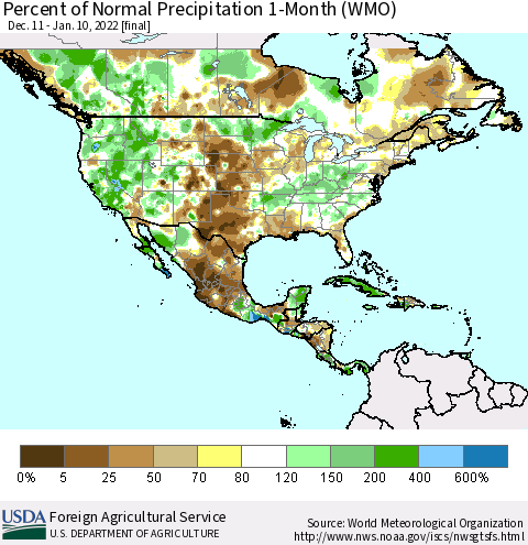 North America Percent of Normal Precipitation 1-Month (WMO) Thematic Map For 12/11/2021 - 1/10/2022