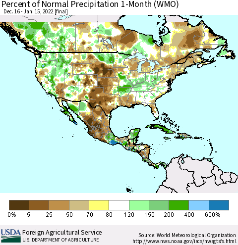 North America Percent of Normal Precipitation 1-Month (WMO) Thematic Map For 12/16/2021 - 1/15/2022