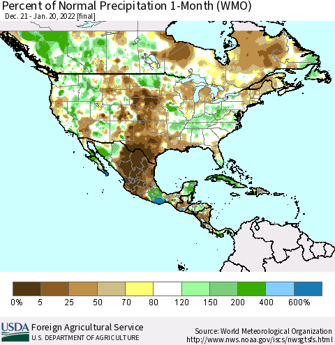 North America Percent of Normal Precipitation 1-Month (WMO) Thematic Map For 12/21/2021 - 1/20/2022
