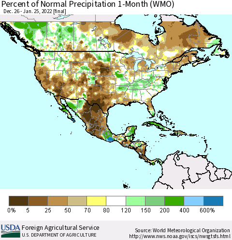 North America Percent of Normal Precipitation 1-Month (WMO) Thematic Map For 12/26/2021 - 1/25/2022