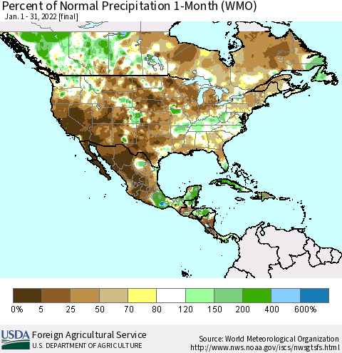 North America Percent of Normal Precipitation 1-Month (WMO) Thematic Map For 1/1/2022 - 1/31/2022
