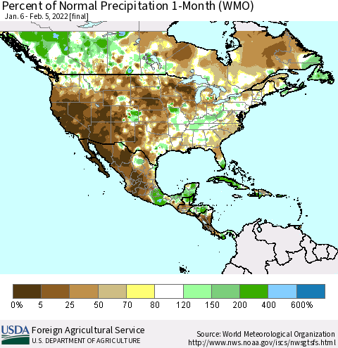 North America Percent of Normal Precipitation 1-Month (WMO) Thematic Map For 1/6/2022 - 2/5/2022