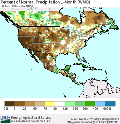 North America Percent of Normal Precipitation 1-Month (WMO) Thematic Map For 1/11/2022 - 2/10/2022