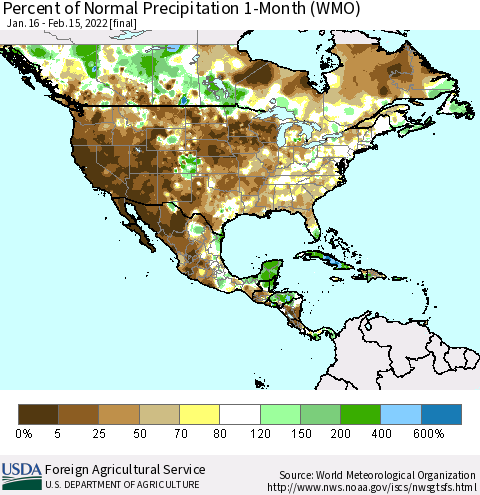 North America Percent of Normal Precipitation 1-Month (WMO) Thematic Map For 1/16/2022 - 2/15/2022
