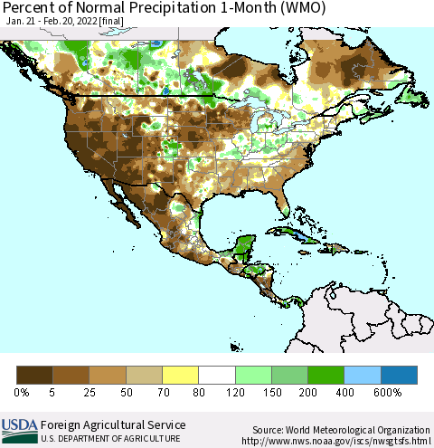 North America Percent of Normal Precipitation 1-Month (WMO) Thematic Map For 1/21/2022 - 2/20/2022