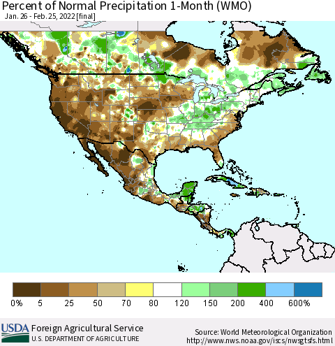 North America Percent of Normal Precipitation 1-Month (WMO) Thematic Map For 1/26/2022 - 2/25/2022