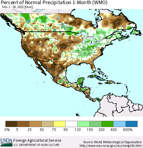North America Percent of Normal Precipitation 1-Month (WMO) Thematic Map For 2/1/2022 - 2/28/2022
