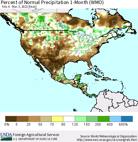 North America Percent of Normal Precipitation 1-Month (WMO) Thematic Map For 2/6/2022 - 3/5/2022