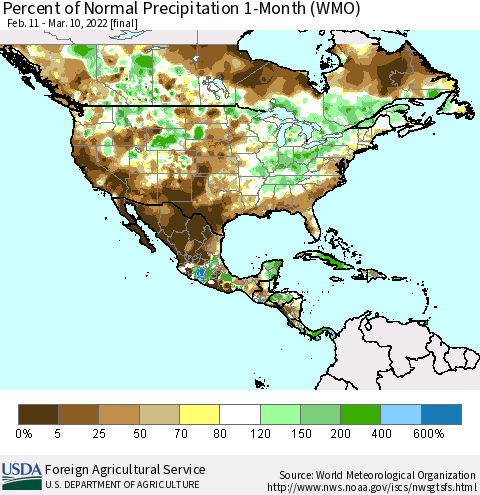 North America Percent of Normal Precipitation 1-Month (WMO) Thematic Map For 2/11/2022 - 3/10/2022