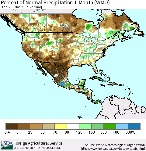 North America Percent of Normal Precipitation 1-Month (WMO) Thematic Map For 2/21/2022 - 3/20/2022