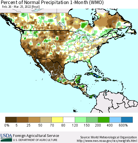 North America Percent of Normal Precipitation 1-Month (WMO) Thematic Map For 2/26/2022 - 3/25/2022