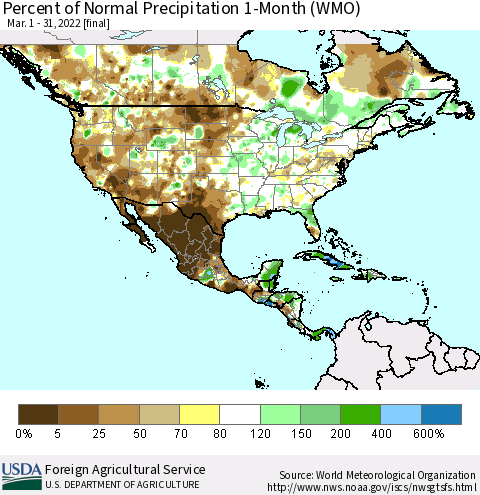 North America Percent of Normal Precipitation 1-Month (WMO) Thematic Map For 3/1/2022 - 3/31/2022