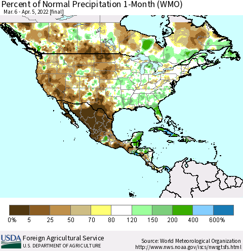 North America Percent of Normal Precipitation 1-Month (WMO) Thematic Map For 3/6/2022 - 4/5/2022