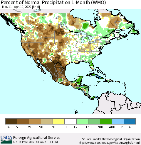 North America Percent of Normal Precipitation 1-Month (WMO) Thematic Map For 3/11/2022 - 4/10/2022