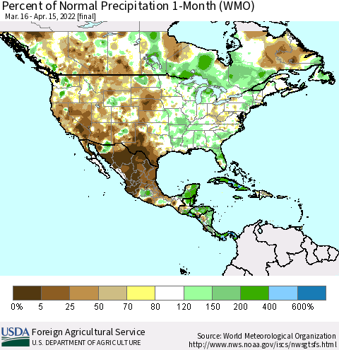 North America Percent of Normal Precipitation 1-Month (WMO) Thematic Map For 3/16/2022 - 4/15/2022