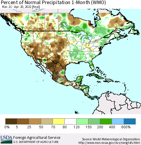 North America Percent of Normal Precipitation 1-Month (WMO) Thematic Map For 3/21/2022 - 4/20/2022