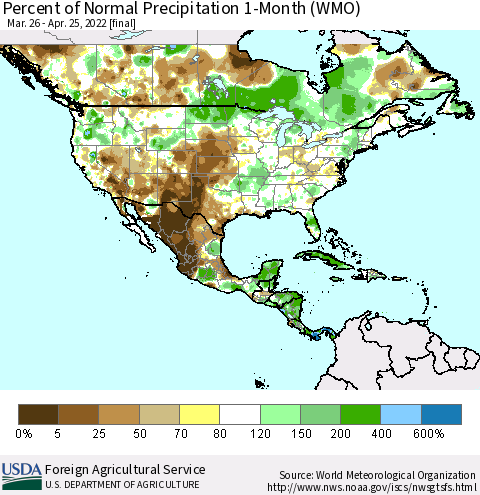 North America Percent of Normal Precipitation 1-Month (WMO) Thematic Map For 3/26/2022 - 4/25/2022