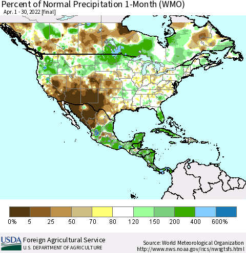 North America Percent of Normal Precipitation 1-Month (WMO) Thematic Map For 4/1/2022 - 4/30/2022