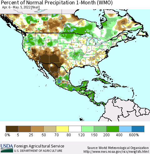 North America Percent of Normal Precipitation 1-Month (WMO) Thematic Map For 4/6/2022 - 5/5/2022
