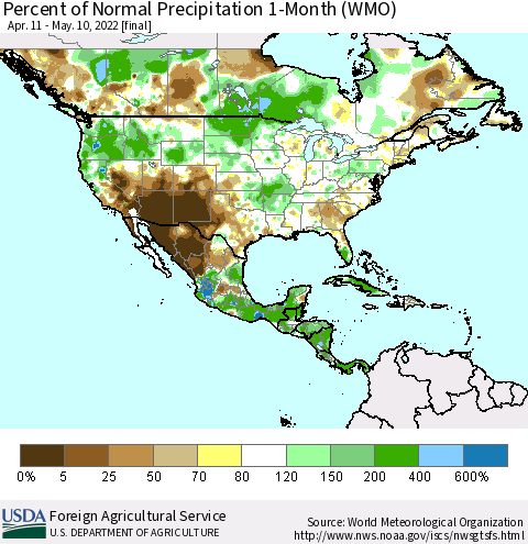 North America Percent of Normal Precipitation 1-Month (WMO) Thematic Map For 4/11/2022 - 5/10/2022