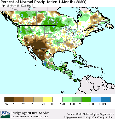 North America Percent of Normal Precipitation 1-Month (WMO) Thematic Map For 4/16/2022 - 5/15/2022