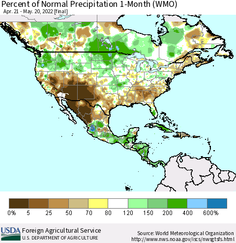North America Percent of Normal Precipitation 1-Month (WMO) Thematic Map For 4/21/2022 - 5/20/2022