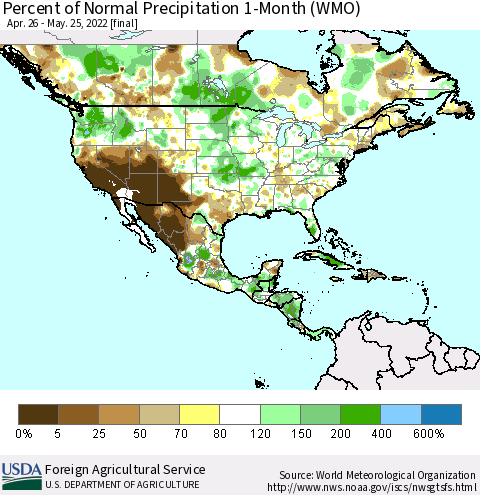 North America Percent of Normal Precipitation 1-Month (WMO) Thematic Map For 4/26/2022 - 5/25/2022