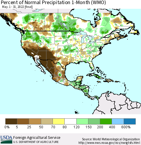 North America Percent of Normal Precipitation 1-Month (WMO) Thematic Map For 5/1/2022 - 5/31/2022