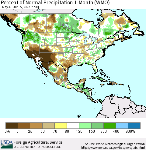 North America Percent of Normal Precipitation 1-Month (WMO) Thematic Map For 5/6/2022 - 6/5/2022