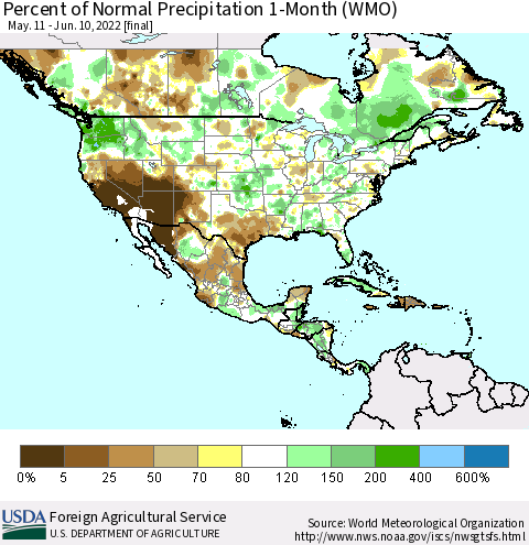 North America Percent of Normal Precipitation 1-Month (WMO) Thematic Map For 5/11/2022 - 6/10/2022