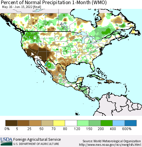North America Percent of Normal Precipitation 1-Month (WMO) Thematic Map For 5/16/2022 - 6/15/2022