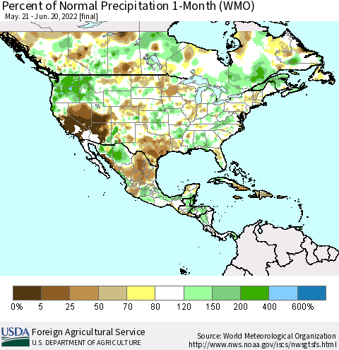 North America Percent of Normal Precipitation 1-Month (WMO) Thematic Map For 5/21/2022 - 6/20/2022