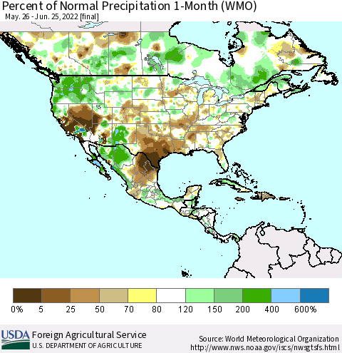 North America Percent of Normal Precipitation 1-Month (WMO) Thematic Map For 5/26/2022 - 6/25/2022