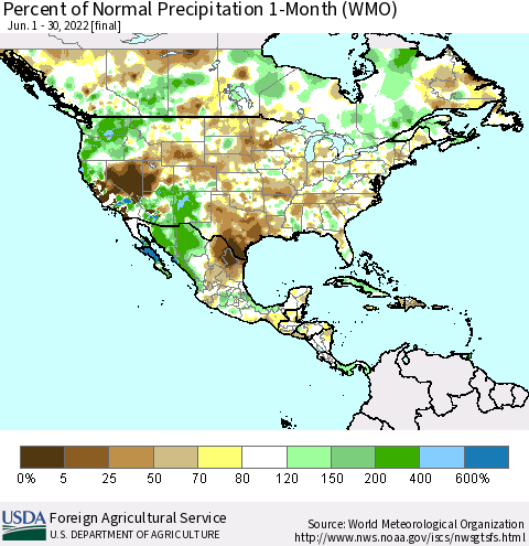 North America Percent of Normal Precipitation 1-Month (WMO) Thematic Map For 6/1/2022 - 6/30/2022