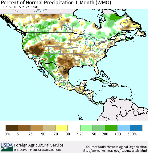 North America Percent of Normal Precipitation 1-Month (WMO) Thematic Map For 6/6/2022 - 7/5/2022