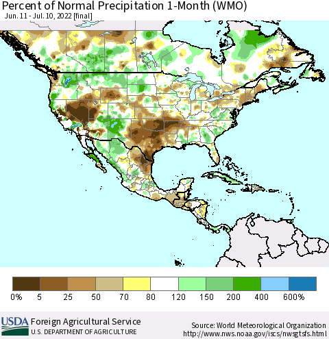 North America Percent of Normal Precipitation 1-Month (WMO) Thematic Map For 6/11/2022 - 7/10/2022