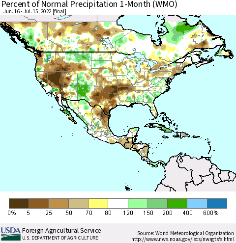 North America Percent of Normal Precipitation 1-Month (WMO) Thematic Map For 6/16/2022 - 7/15/2022
