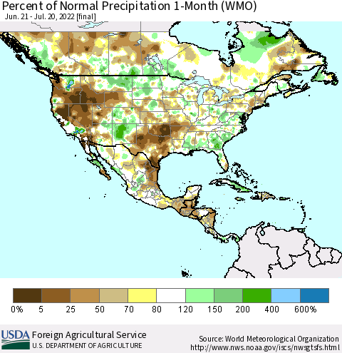 North America Percent of Normal Precipitation 1-Month (WMO) Thematic Map For 6/21/2022 - 7/20/2022