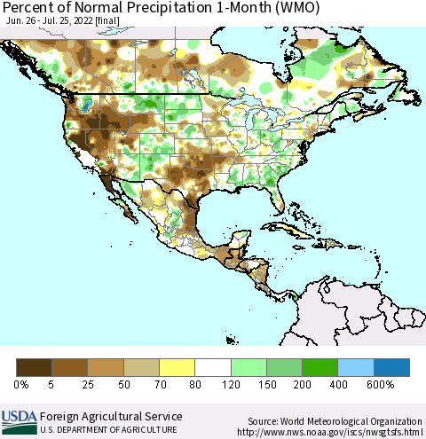 North America Percent of Normal Precipitation 1-Month (WMO) Thematic Map For 6/26/2022 - 7/25/2022