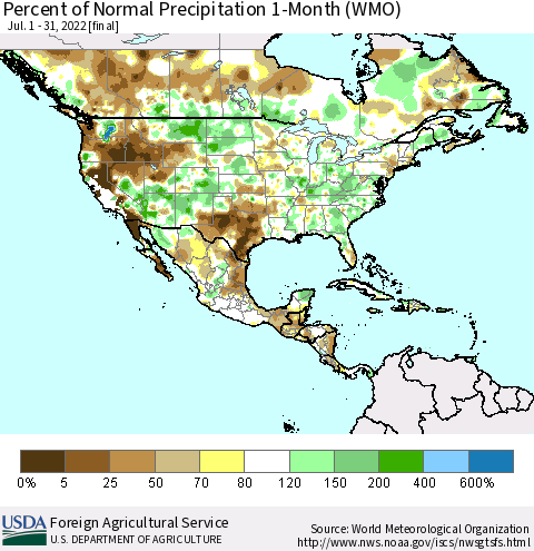 North America Percent of Normal Precipitation 1-Month (WMO) Thematic Map For 7/1/2022 - 7/31/2022