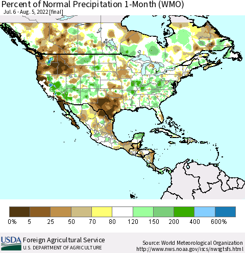 North America Percent of Normal Precipitation 1-Month (WMO) Thematic Map For 7/6/2022 - 8/5/2022