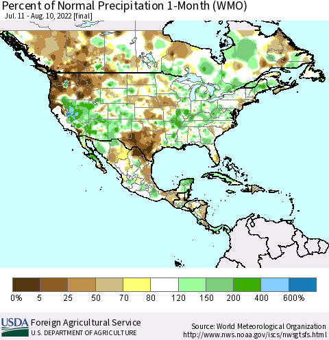 North America Percent of Normal Precipitation 1-Month (WMO) Thematic Map For 7/11/2022 - 8/10/2022