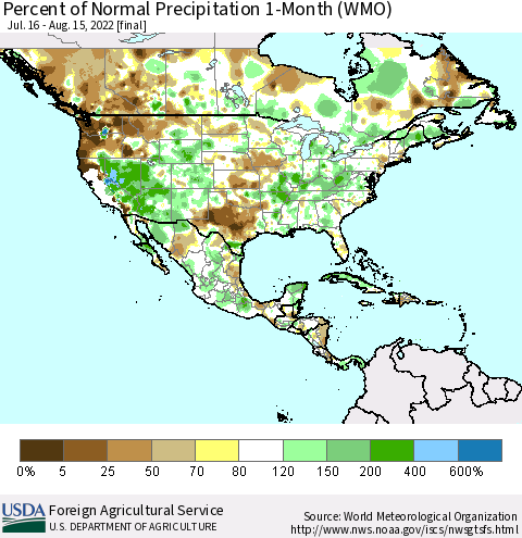 North America Percent of Normal Precipitation 1-Month (WMO) Thematic Map For 7/16/2022 - 8/15/2022